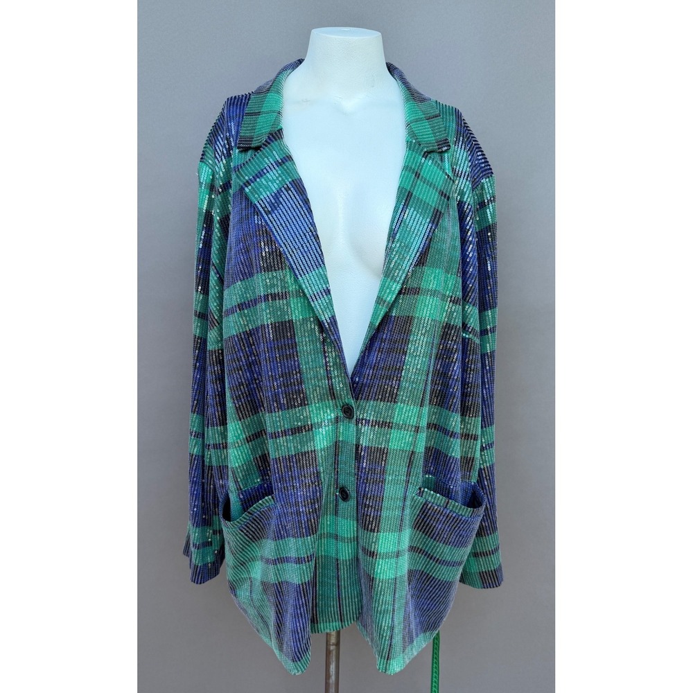 Plaid Sequin Blazer 3X Green Blue Disco Party Jacket Shimmer Holiday Glam Retro